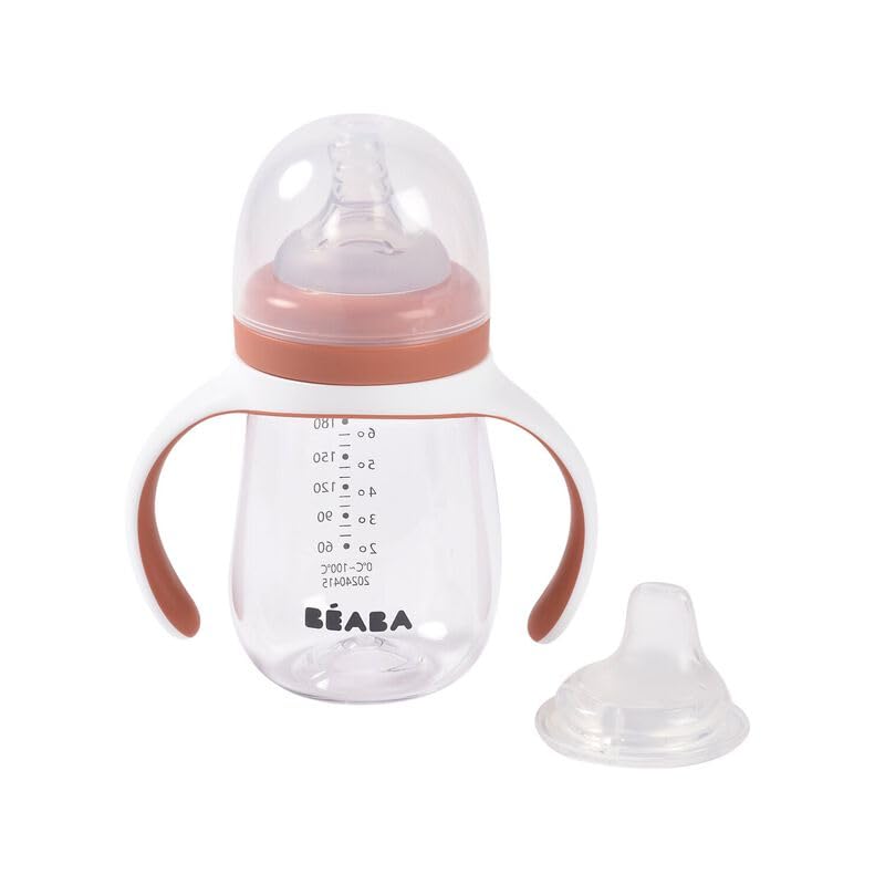 BEABA interchangeable nipple to sippy spout enables easy stage-by-stage transitions.