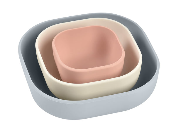 Béaba nesting silicone bowls grey shown as a compact 3-pack for easy storage.