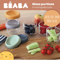 BEABA sage-green jars highlight compact storage for baby meals.