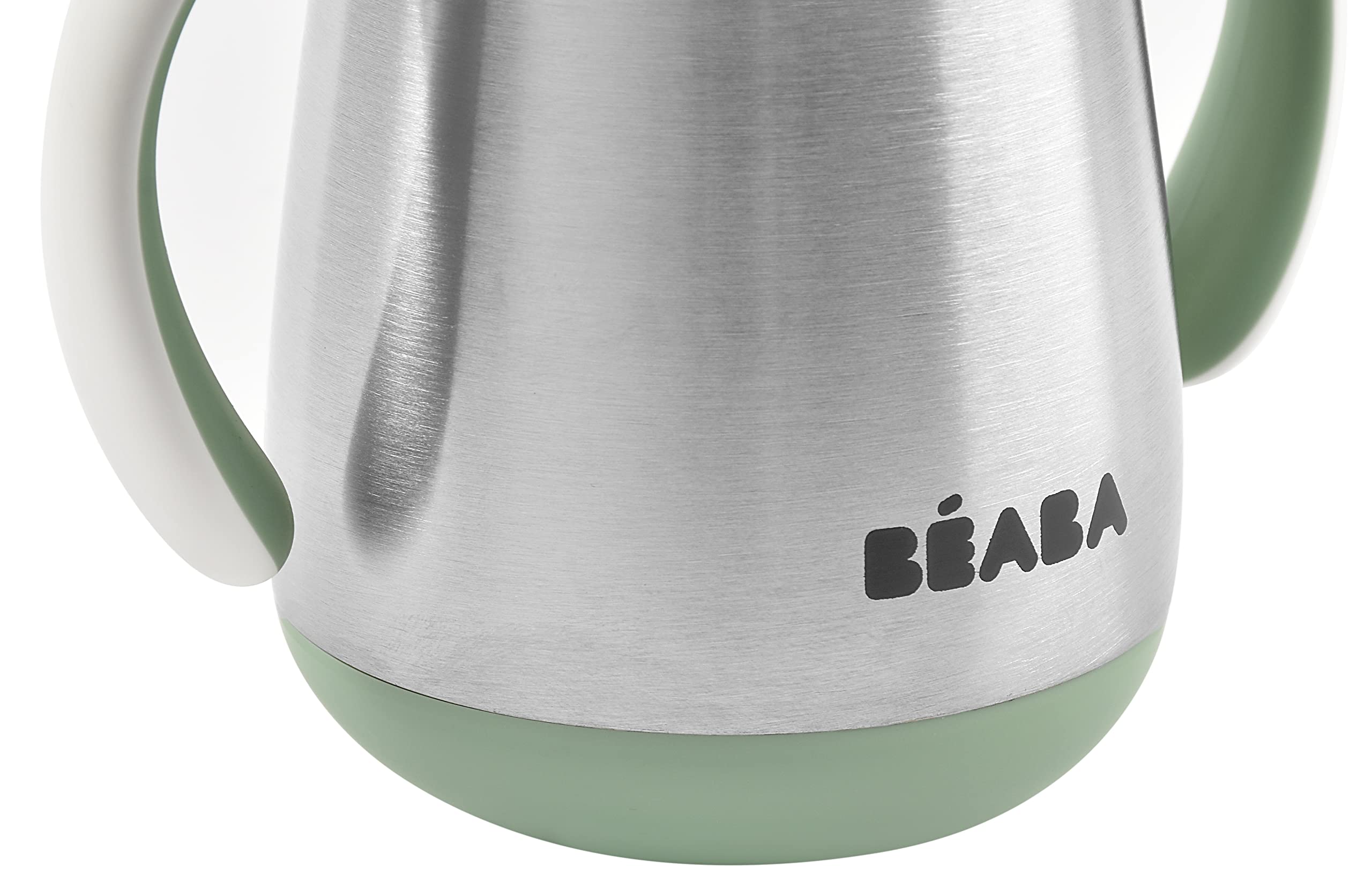 Beaba stainless steel sippy cup with leak-proof slide opening for active families.