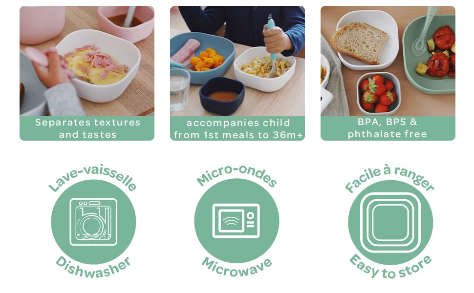 Béaba stackable bowls grey demonstrate space-saving design in kitchen.