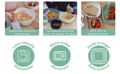 Béaba stackable bowls grey demonstrate space-saving design in kitchen.