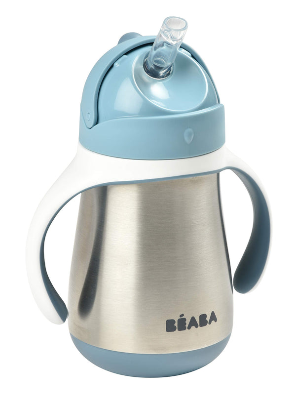 Beaba stainless steel straw sippy cup in Rain, leak-proof for on-the-go sipping.