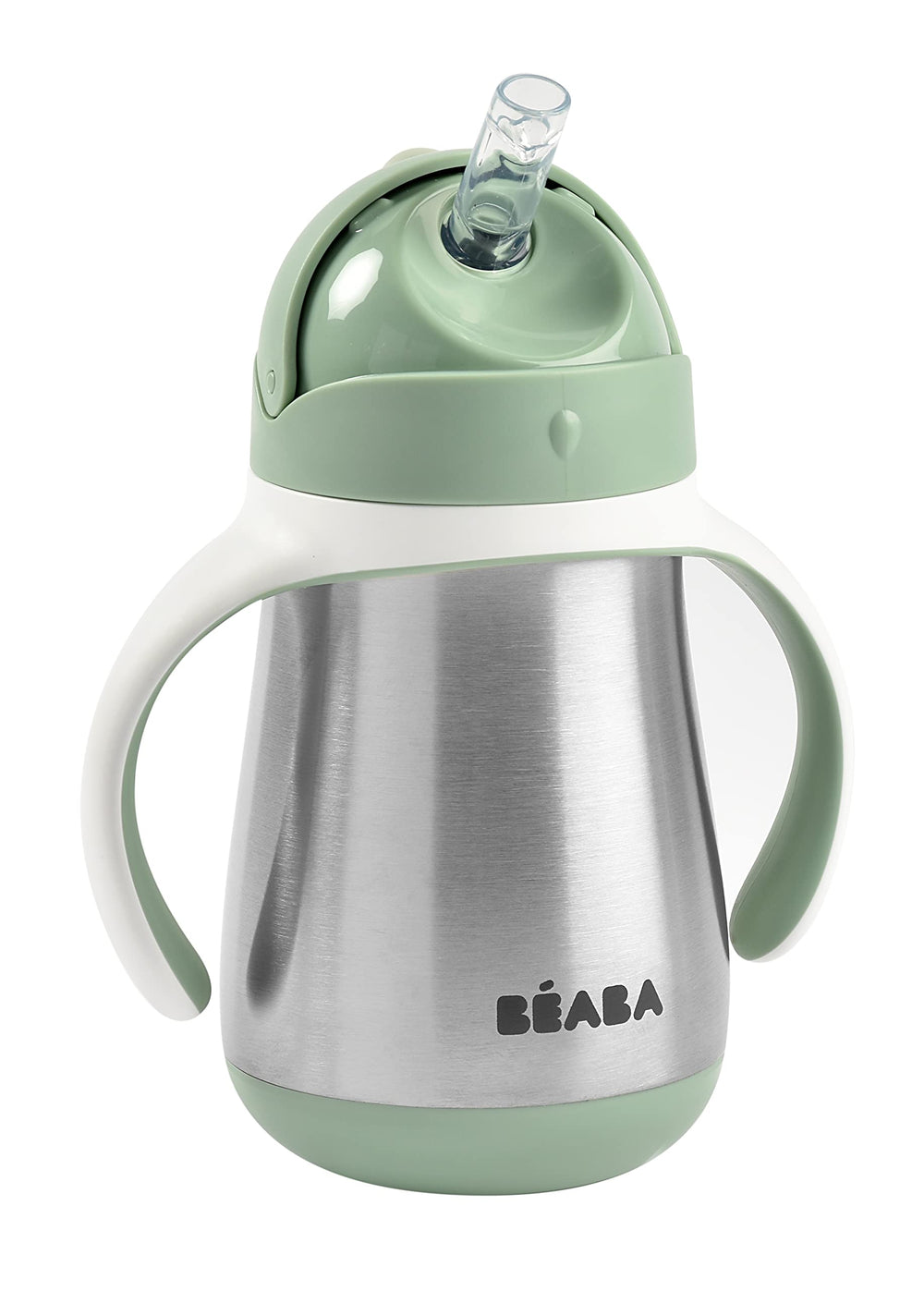 Beaba stainless steel straw sippy cup in sage, spill-proof for on-the-go toddlers.