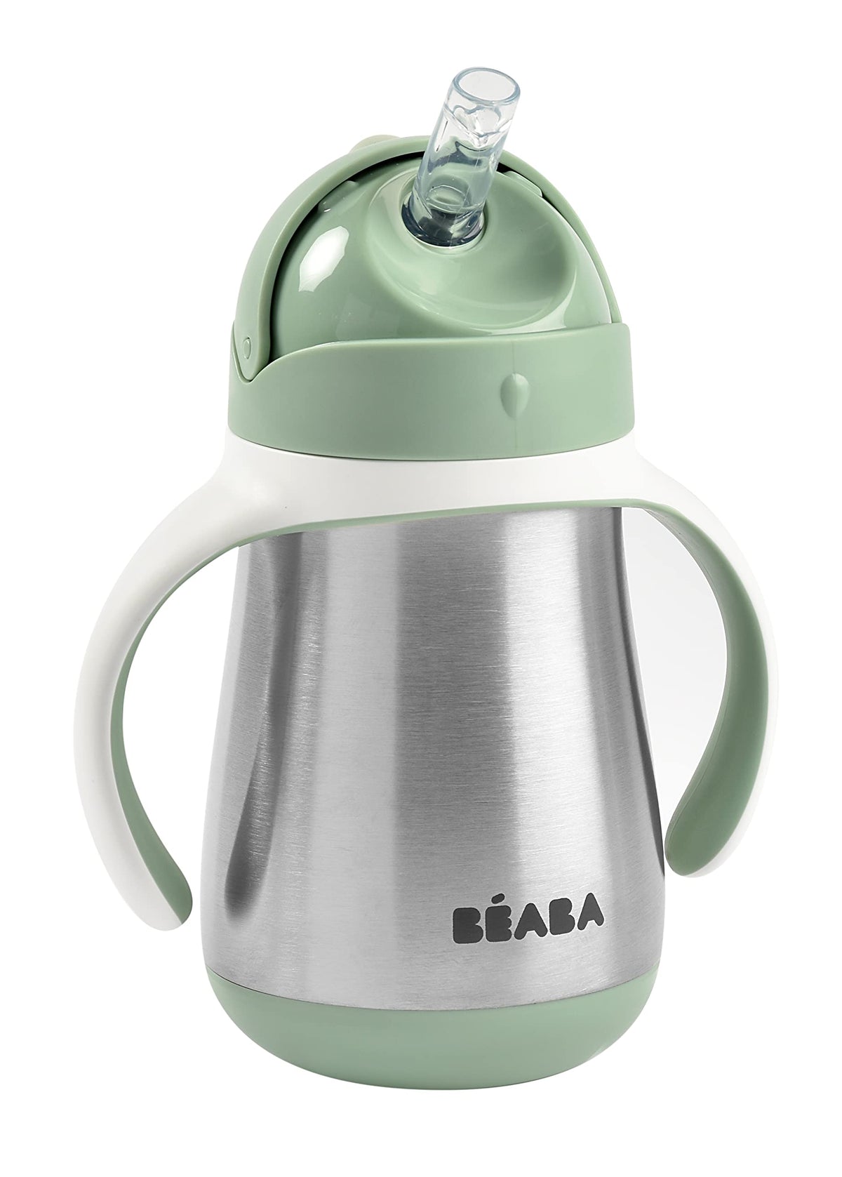 Beaba stainless steel straw sippy cup in sage, spill-proof for on-the-go toddlers.