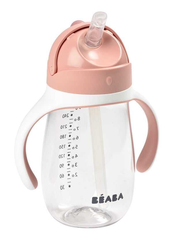 Beaba Straw Sippy Cup Rose with handles for easy toddler grip and independent drinking