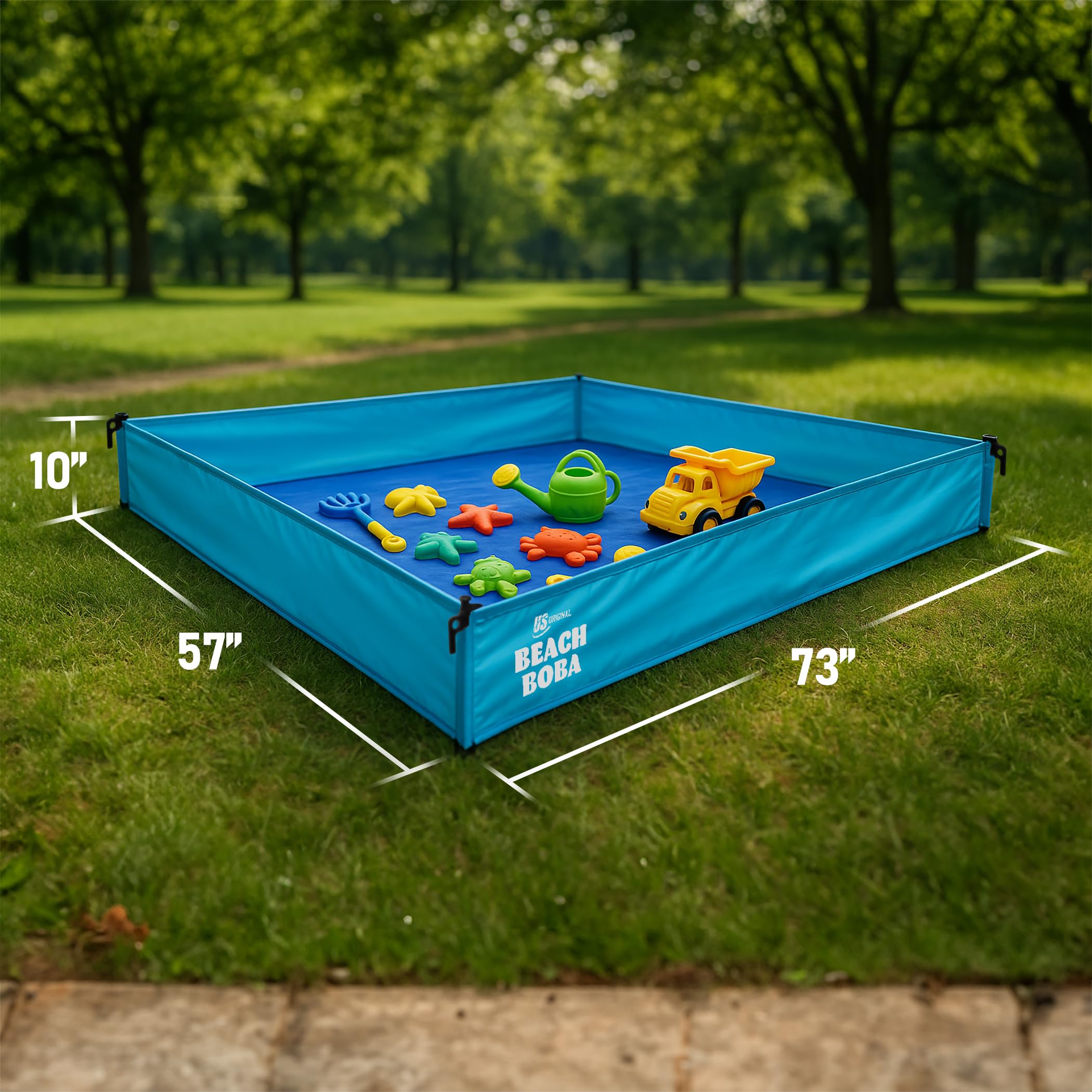 Metal corner stakes anchor BeachBoba for stable play on windy days.