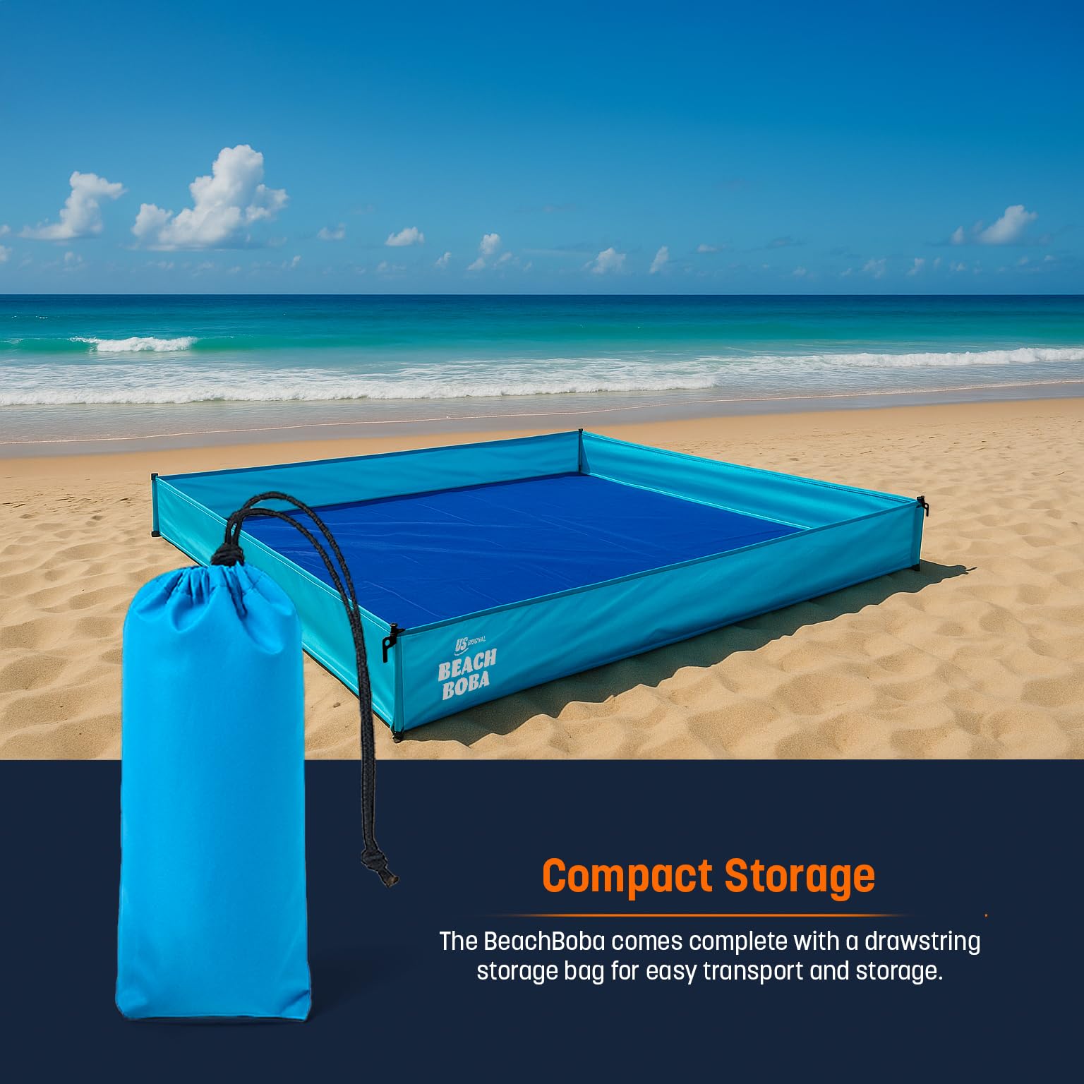 Storage bag with drawstring makes packing BeachBoba quick and convenient.