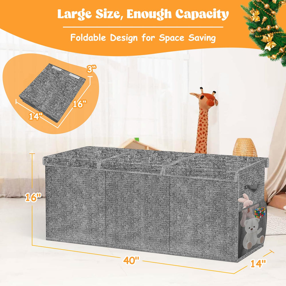 Beadsky toy box in soft gray fabric blends with nursery decor.