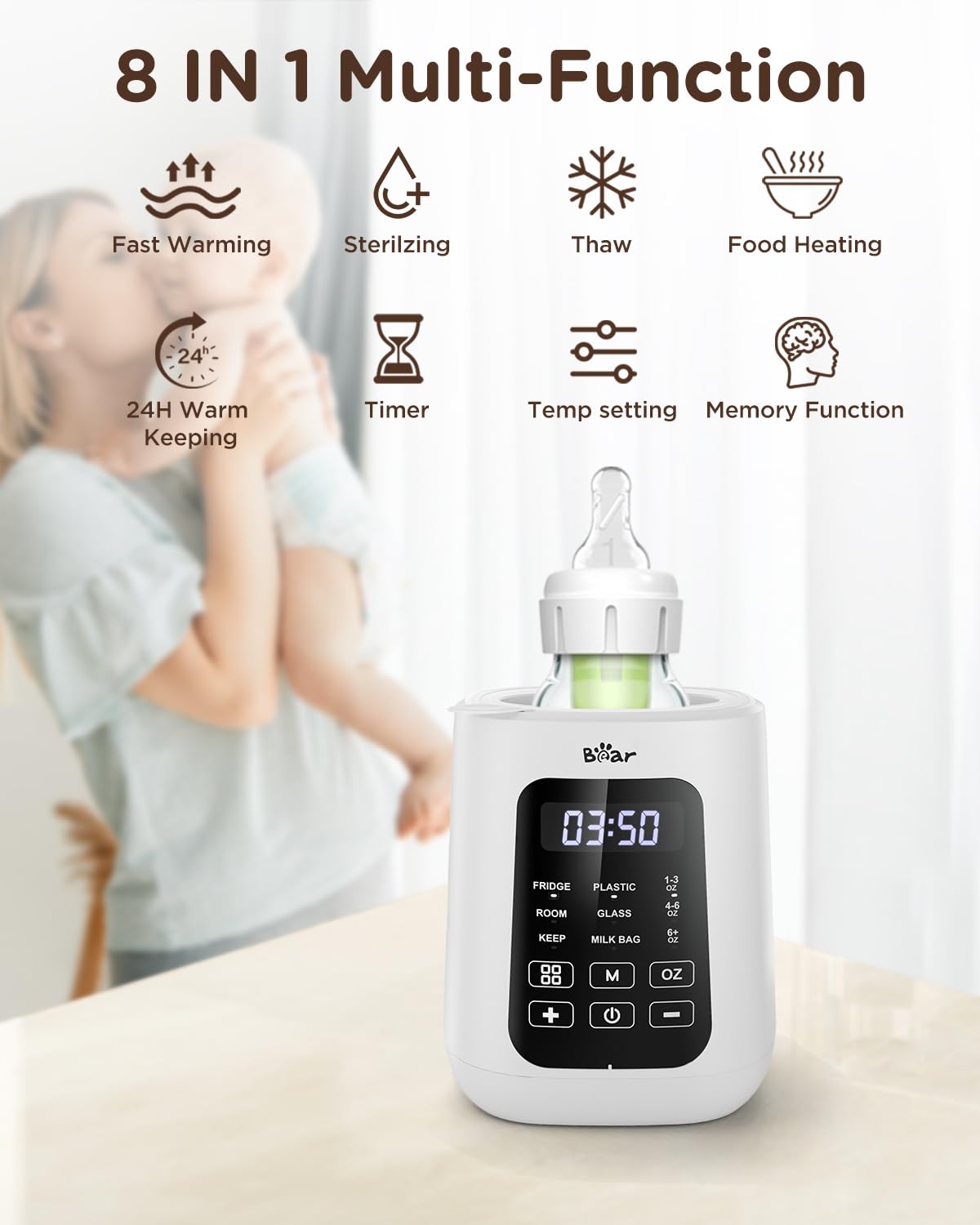 Bear warmer digital display showing time and temperature settings for precision