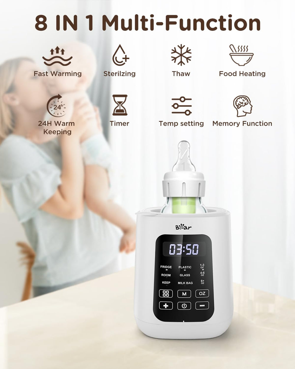 Bear warmer digital display showing time and temperature settings for precision