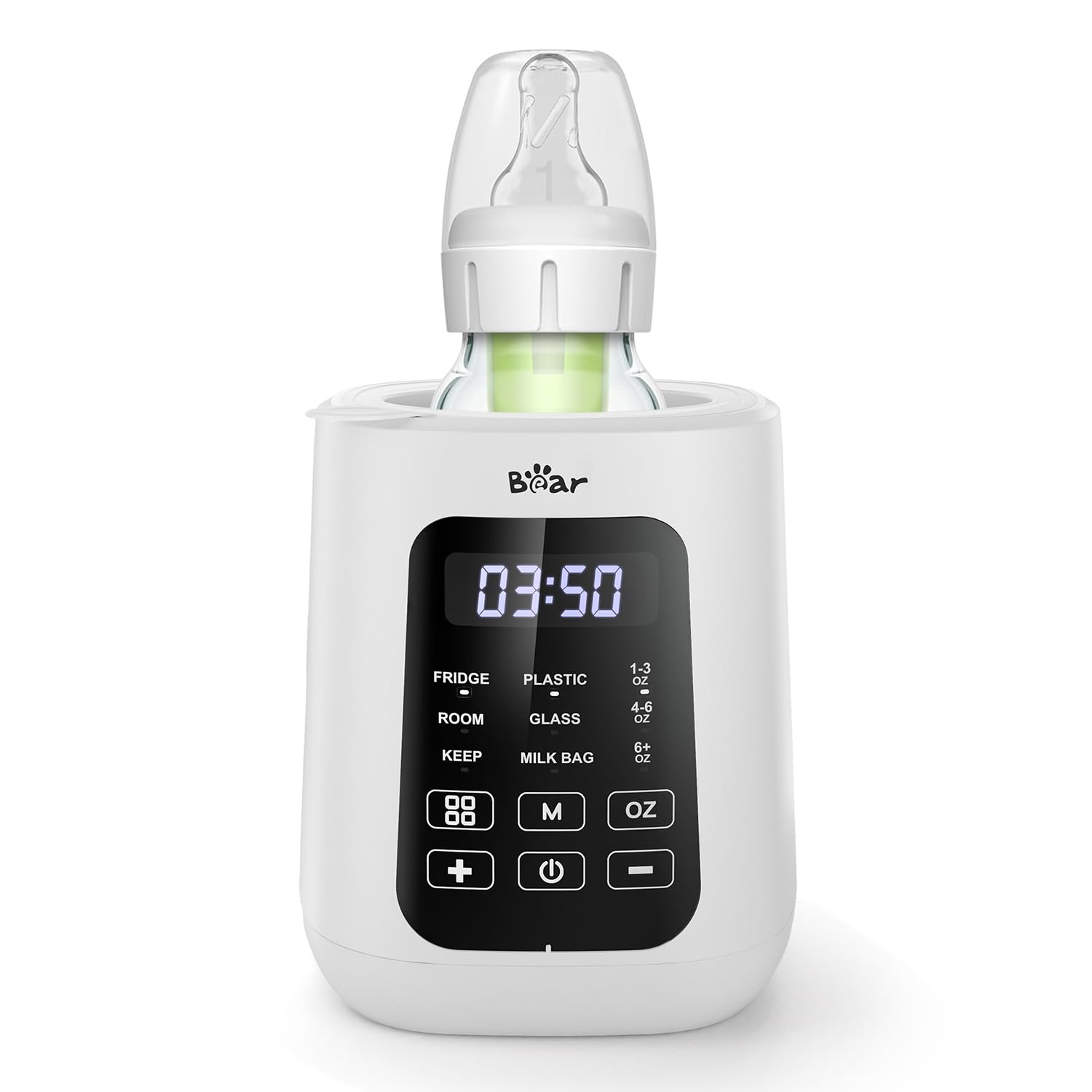Bear baby bottle warmer front view with controls for quick feeding
