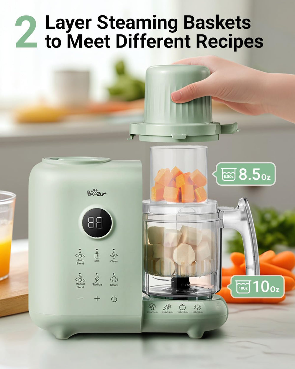 Bear Baby Food Maker steam-cooking mode enables gentle texture control.