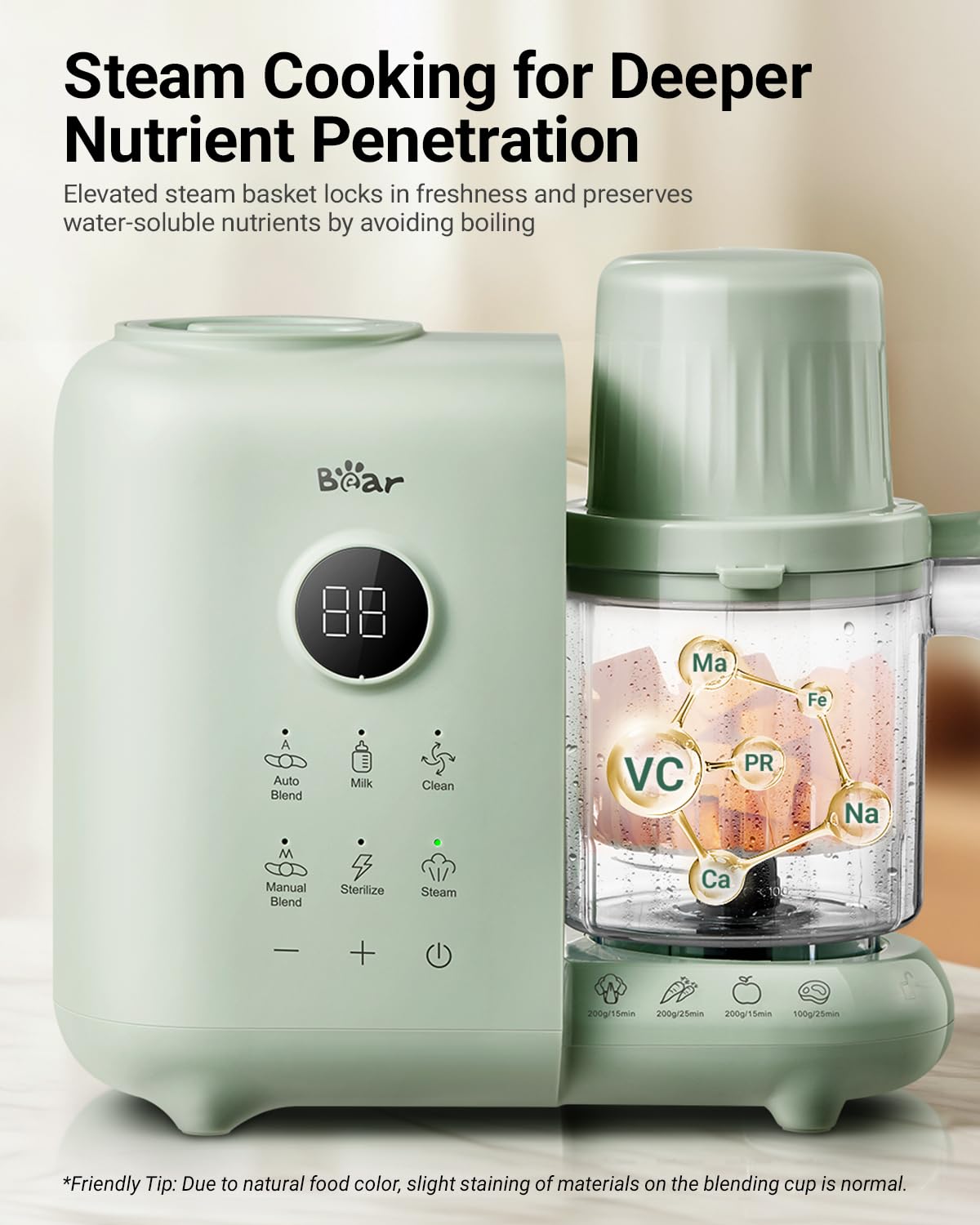 Bear blender-auto mode scene highlights hands-free blending for smooth purees.