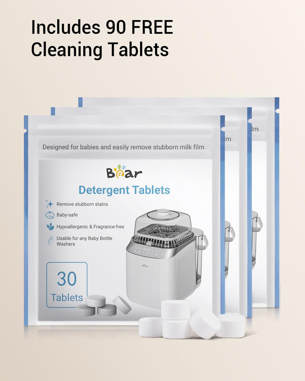 Bear Bottle Washer Pro detergent tablets packaging included in the box.