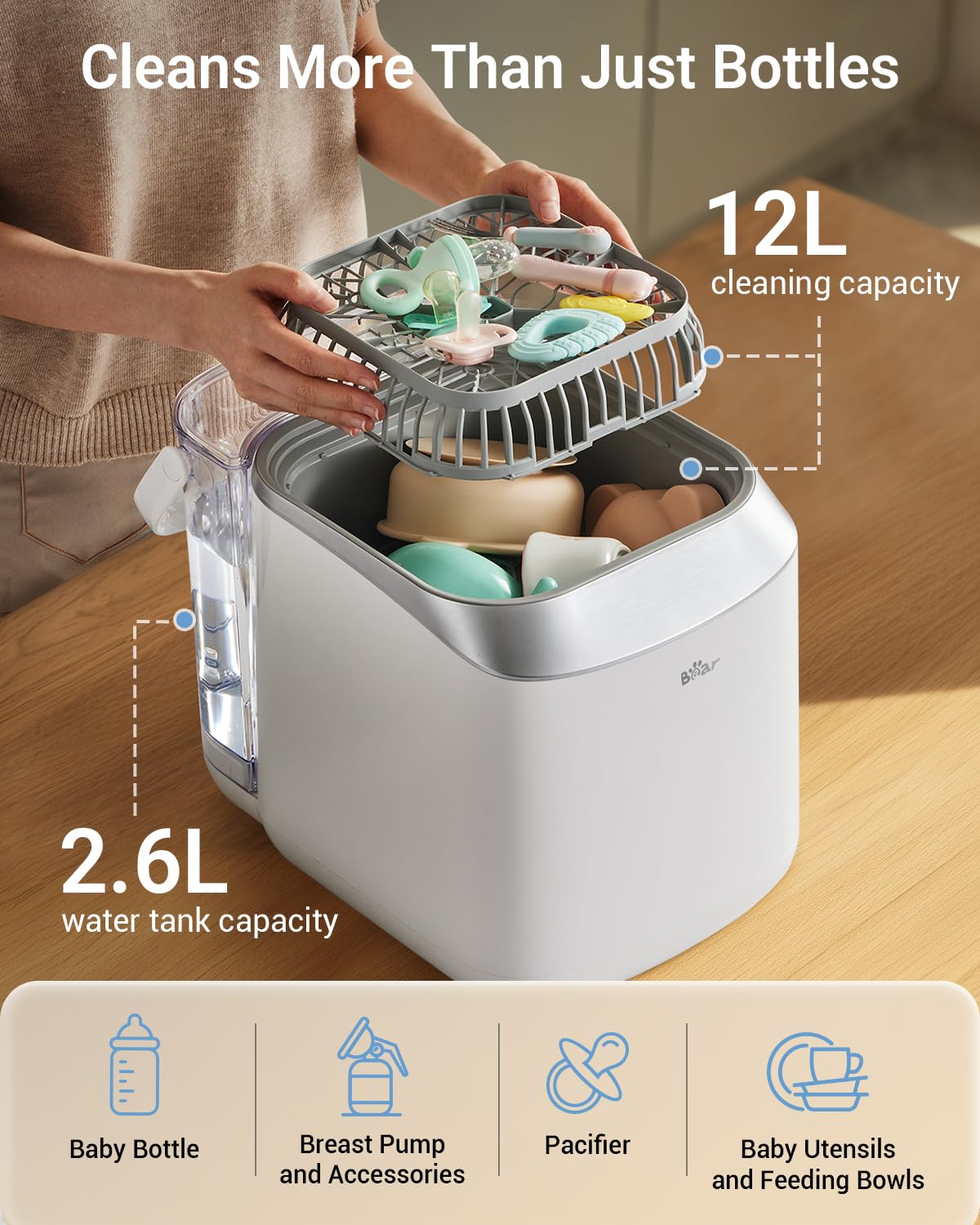 Bear Bottle Washer Pro drying mode illustrates hot air drying ready to use.