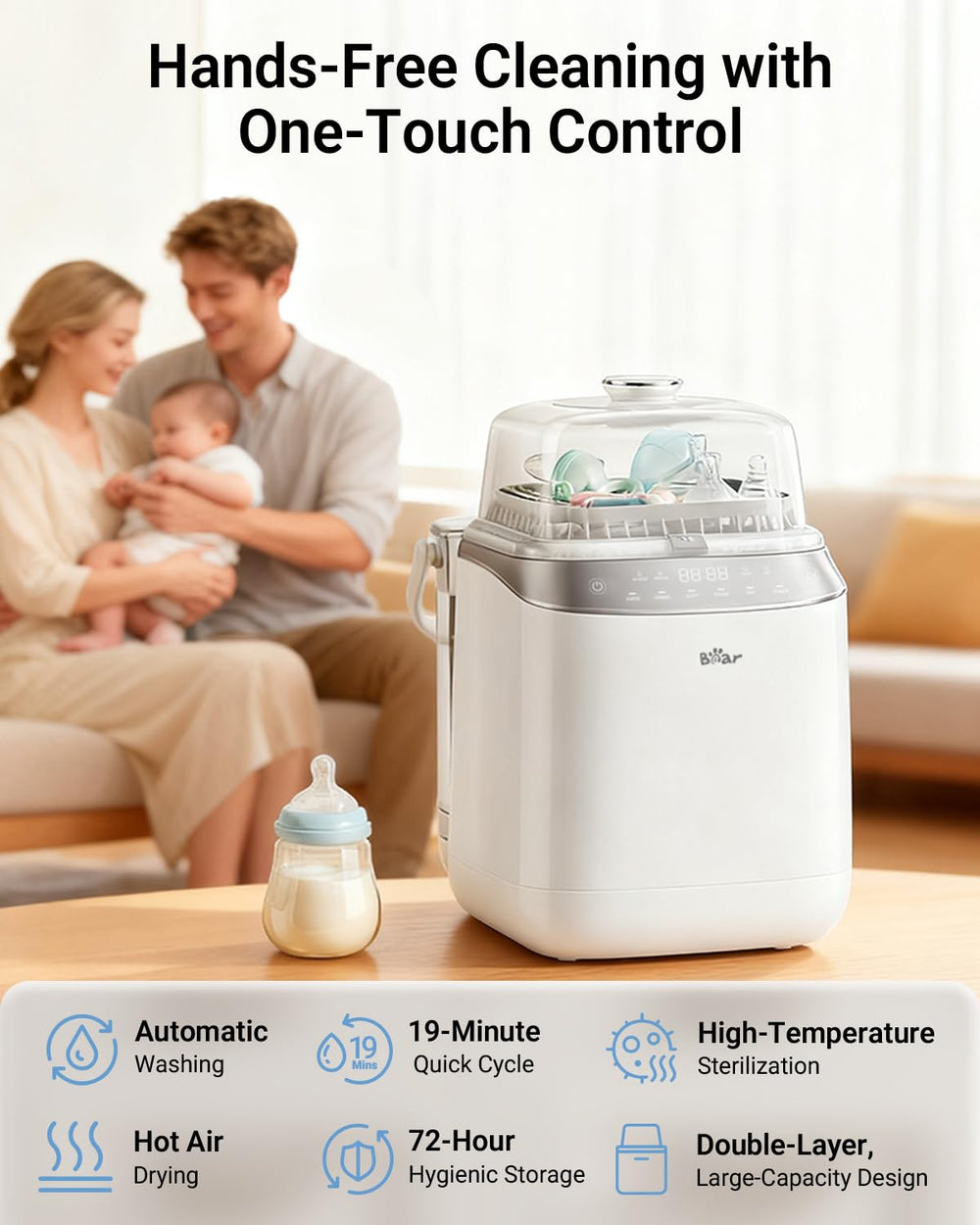 Bear Bottle Washer Pro sterilize mode uses steam for clean prep.