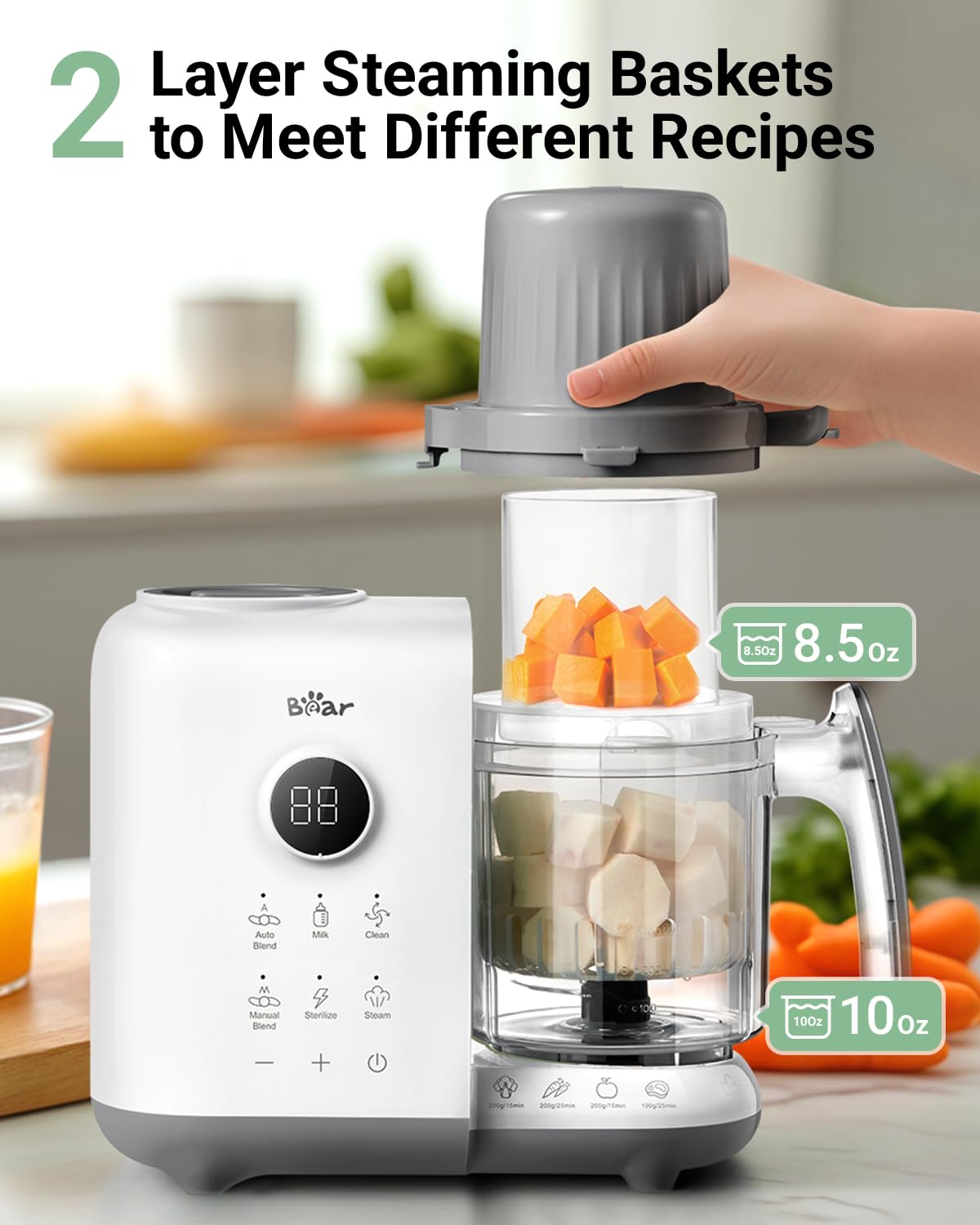 Bear OneStep processor demonstrating versatile steaming, blending, and sterilizing