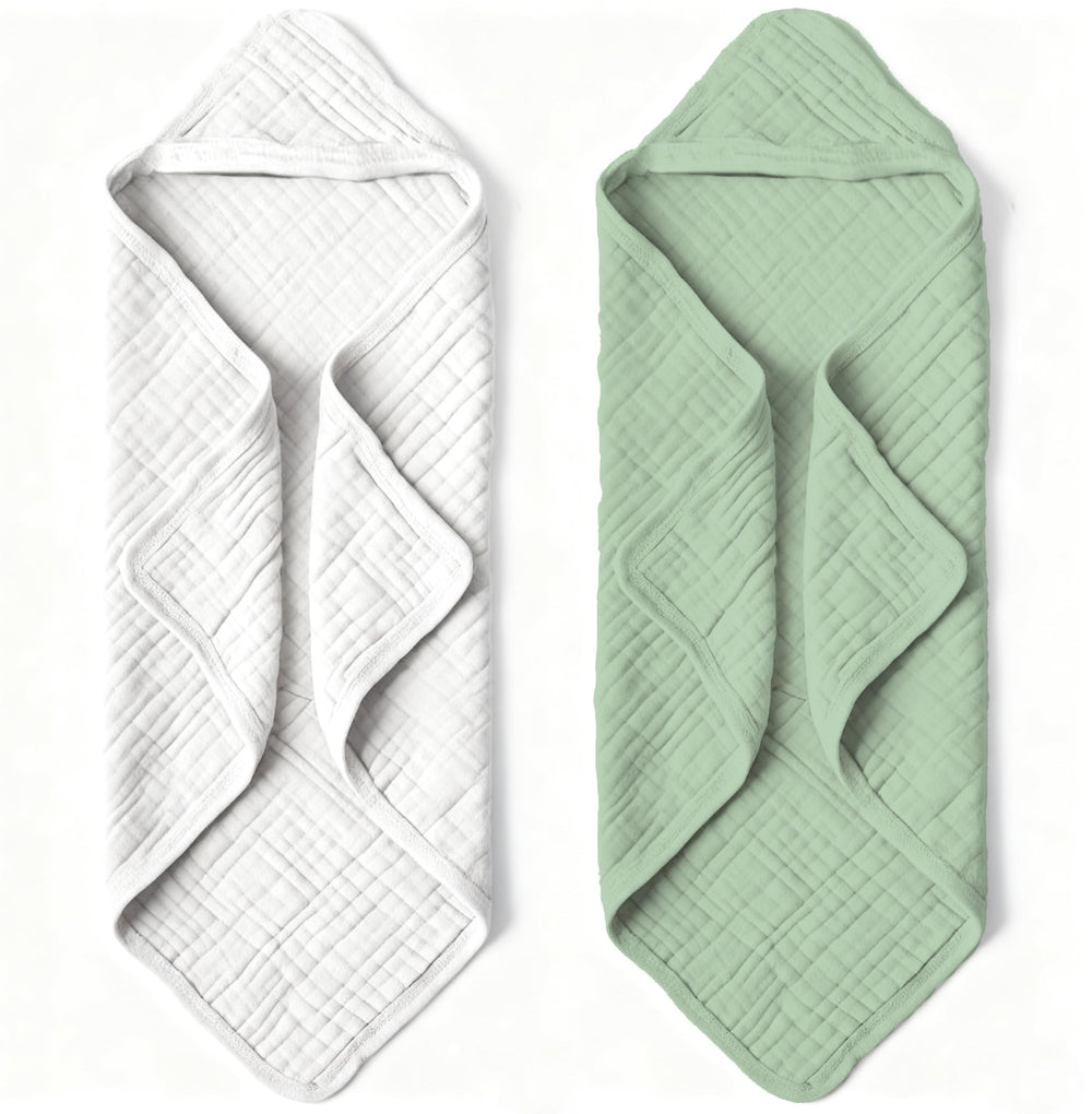 Bear Rocket organic muslin hooded towel with a cozy grey-green hood