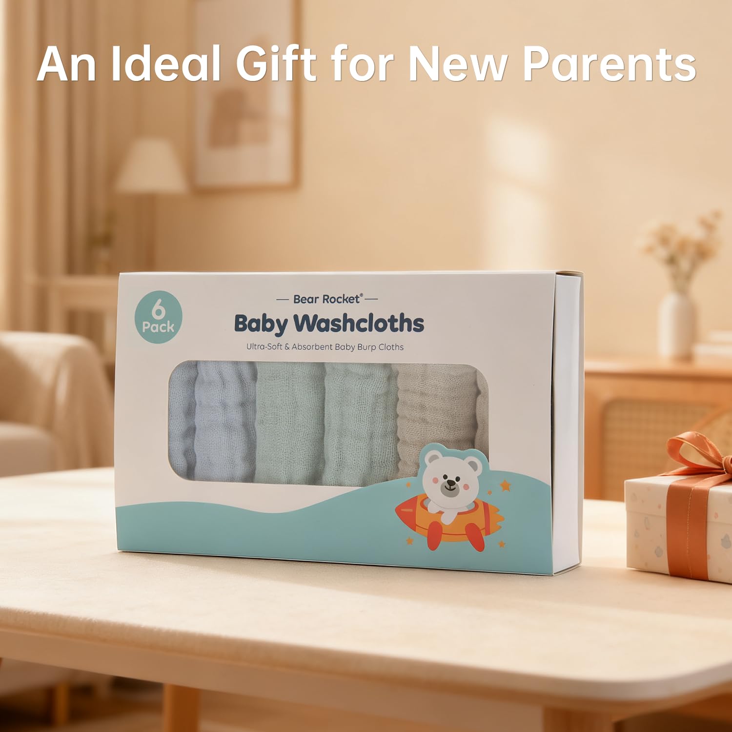 Bear Rocket six-pack of organic washcloths, ready for travel and daily care.