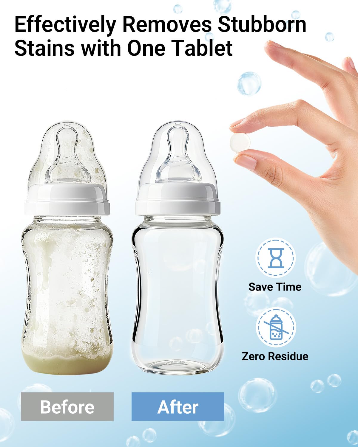 Bear tablets demonstrate odor removal for bottles and pacifiers.