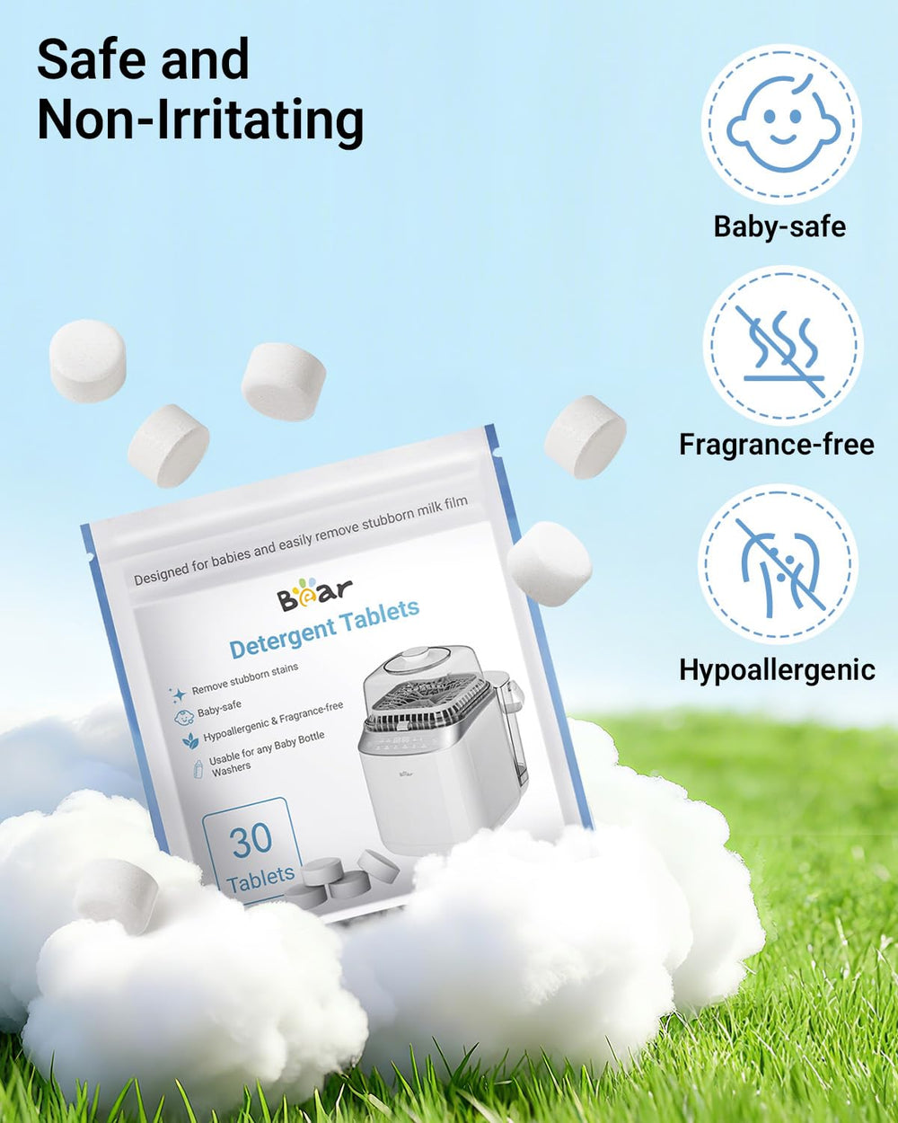 Bear tablets shown with multiple bottle washers for universal compatibility.