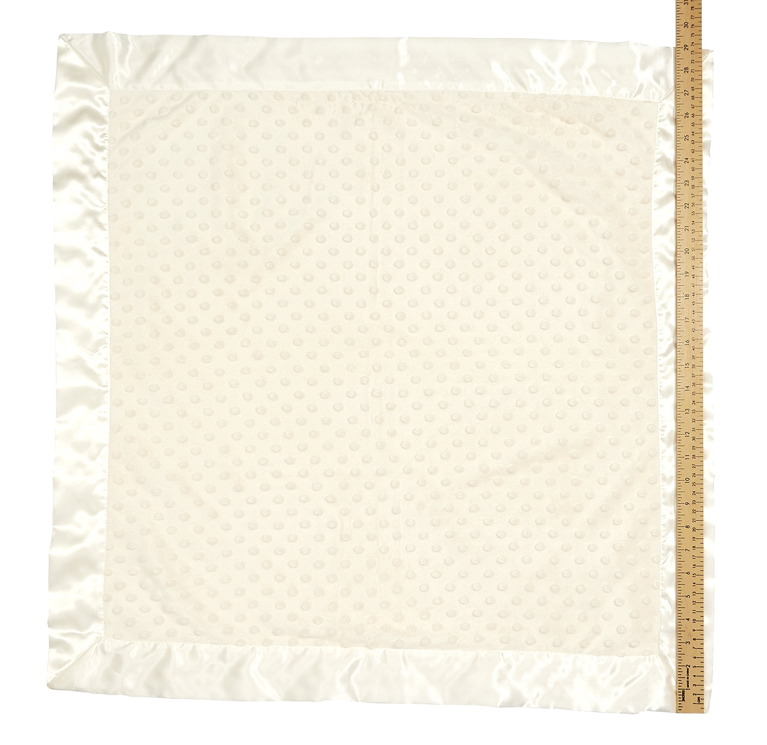 Bearington Baby Creamy White Dottie Snuggle Blanket close-up of satin edging for gentle touch.