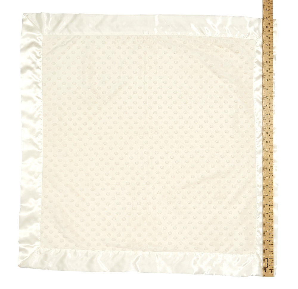 Bearington Baby Creamy White Dottie Snuggle Blanket close-up of satin edging for gentle touch.
