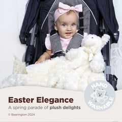 Lamby’s embroidered eyes provide a soft, friendly presence during stroller rides.