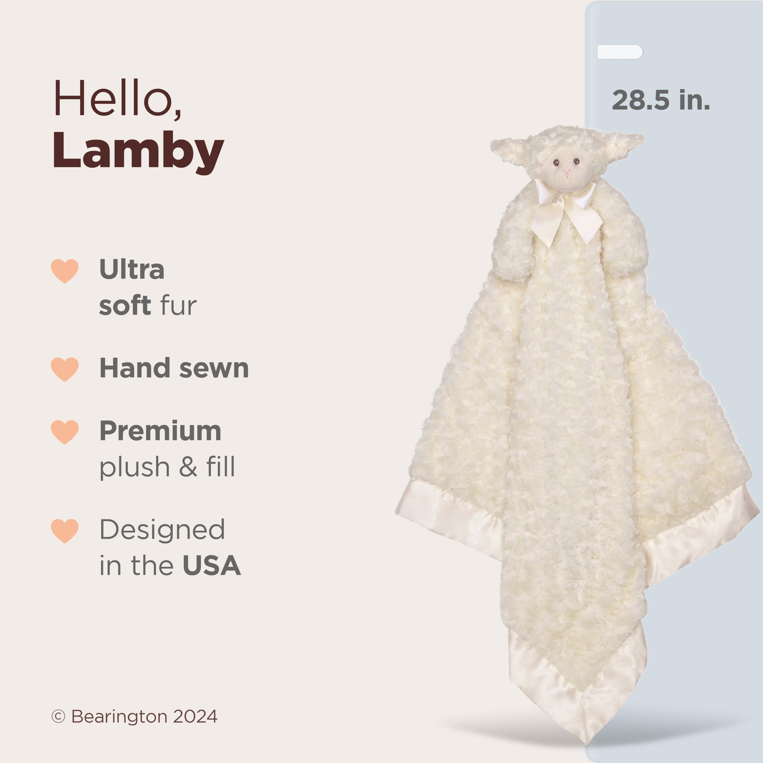Cream satin-lined Lamby lovey from Bearington for soothing naps.