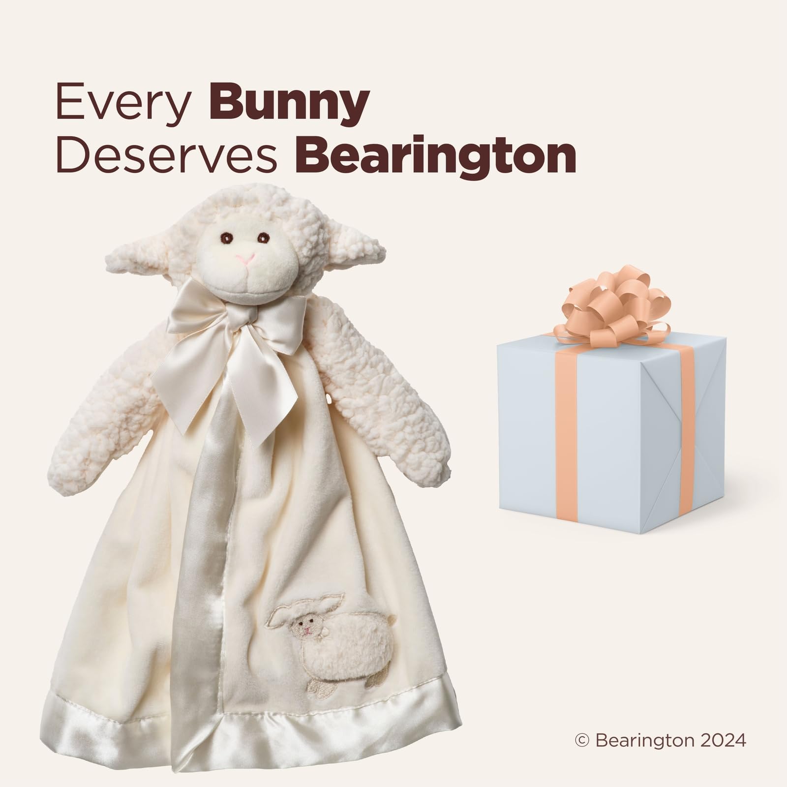 Bearington Baby Lamby Snuggler satin bow adds gift-ready appeal