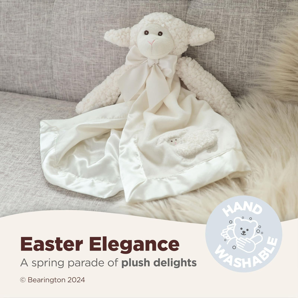 Bearington Baby Lamby Snuggler satin trim adds refined charm