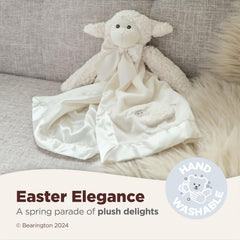 Bearington Baby Lamby Snuggler satin trim adds refined charm