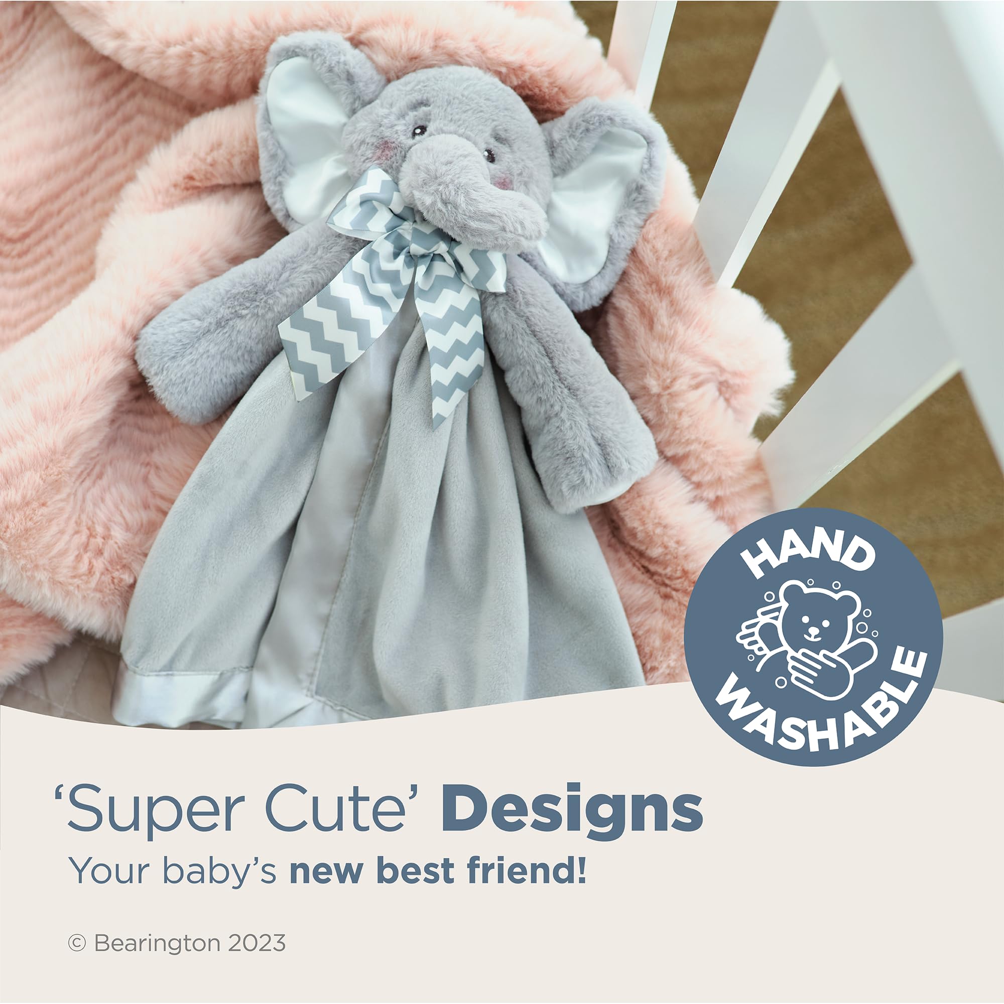 Chevron bow and embroidered eyes add charm while keeping safety in mind.