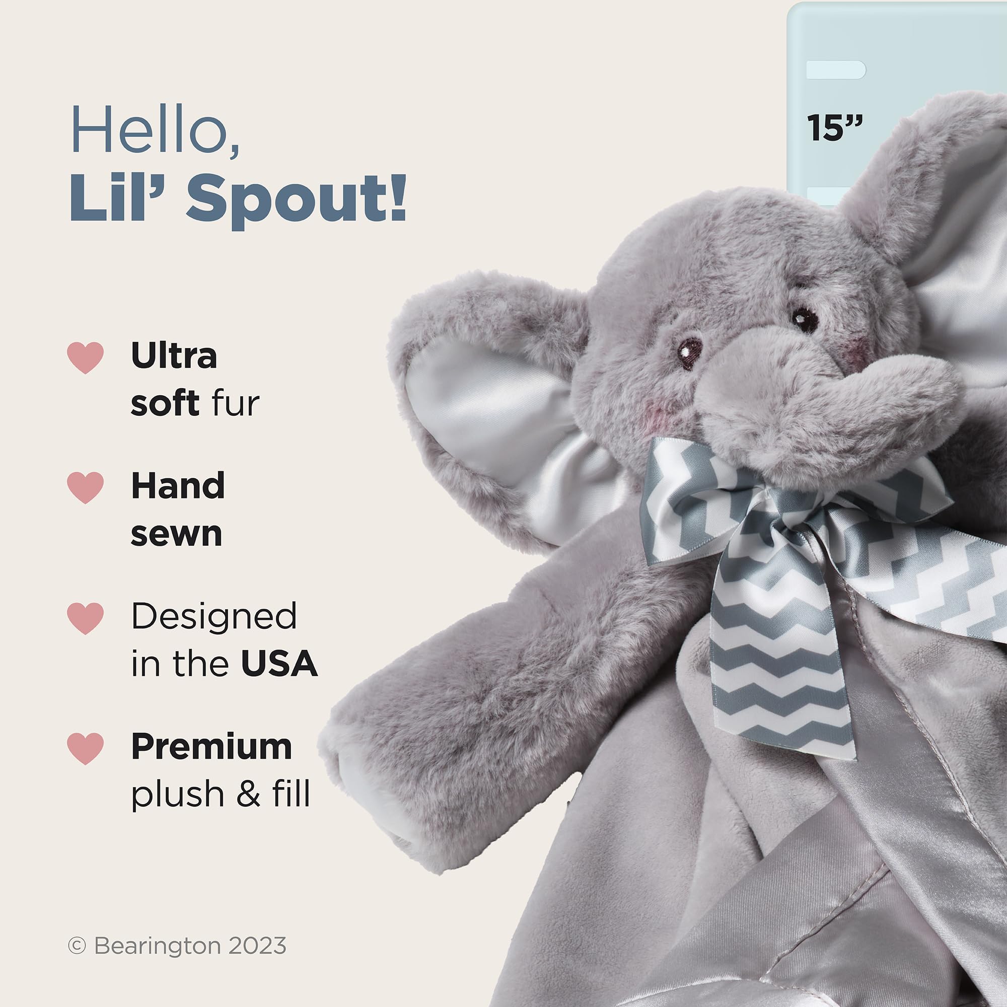 Soft plush with satin trim creates a gentle, tactile friend for baby.