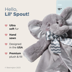 Soft plush with satin trim creates a gentle, tactile friend for baby.