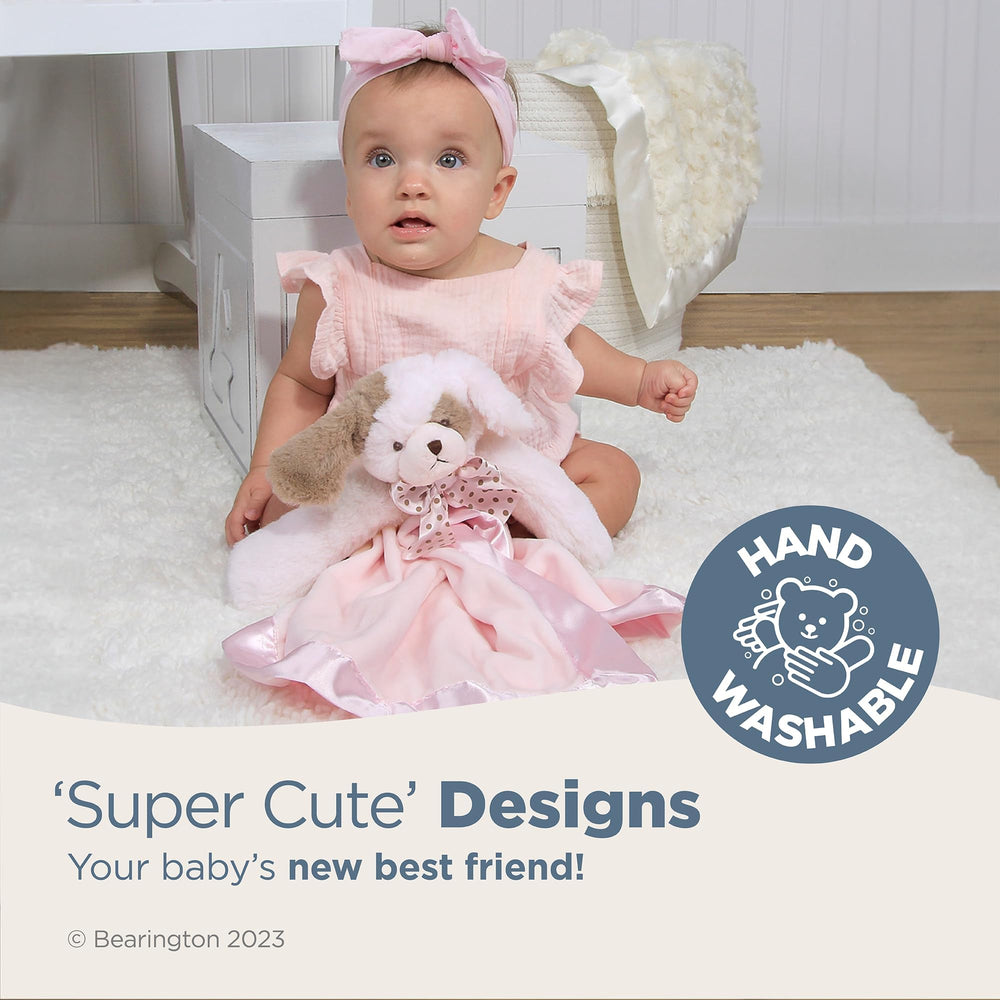 Satin trim and ears on Bearington Wiggles Snuggler add tactile appeal for babies.