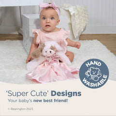 Satin trim and ears on Bearington Wiggles Snuggler add tactile appeal for babies.