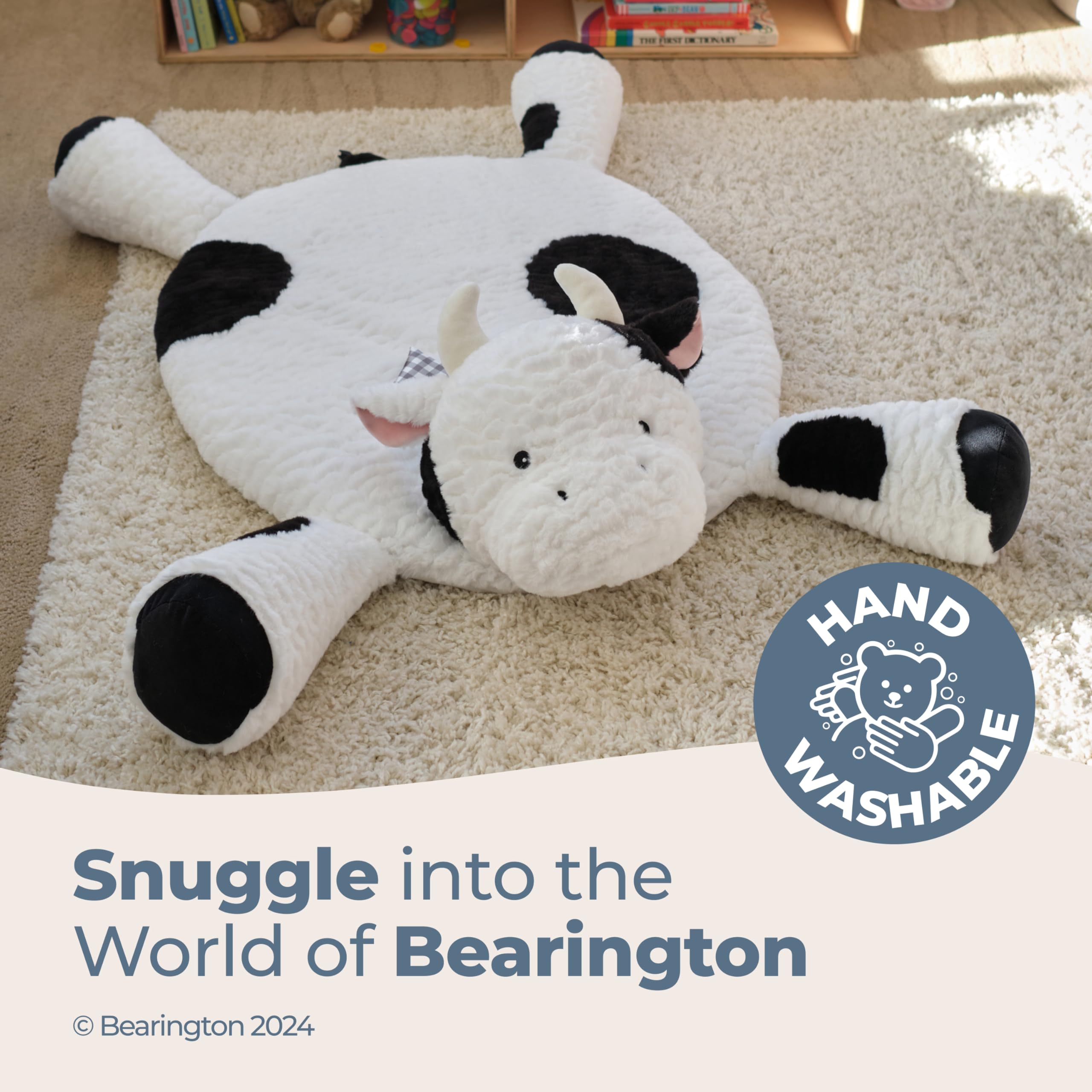 Bearington Collection Cow Tummy Time Mat texture close-up highlights cow-pattern stimuli
