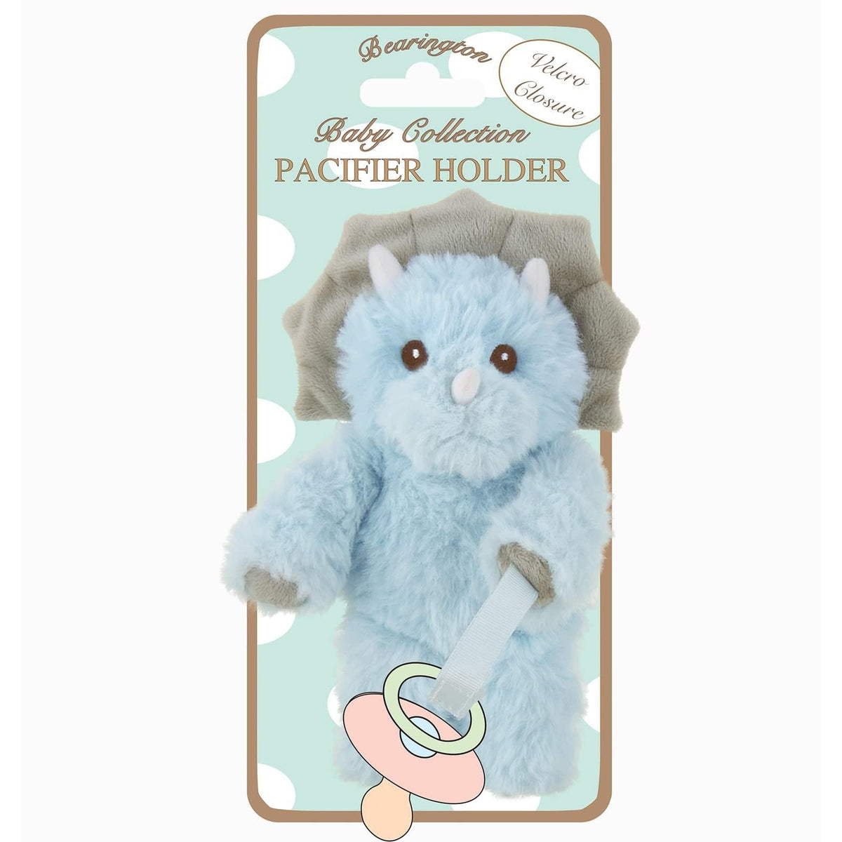 Bearington Collection Triceratops plush pacifier holder with adhesive closure for easy baby pacifier security