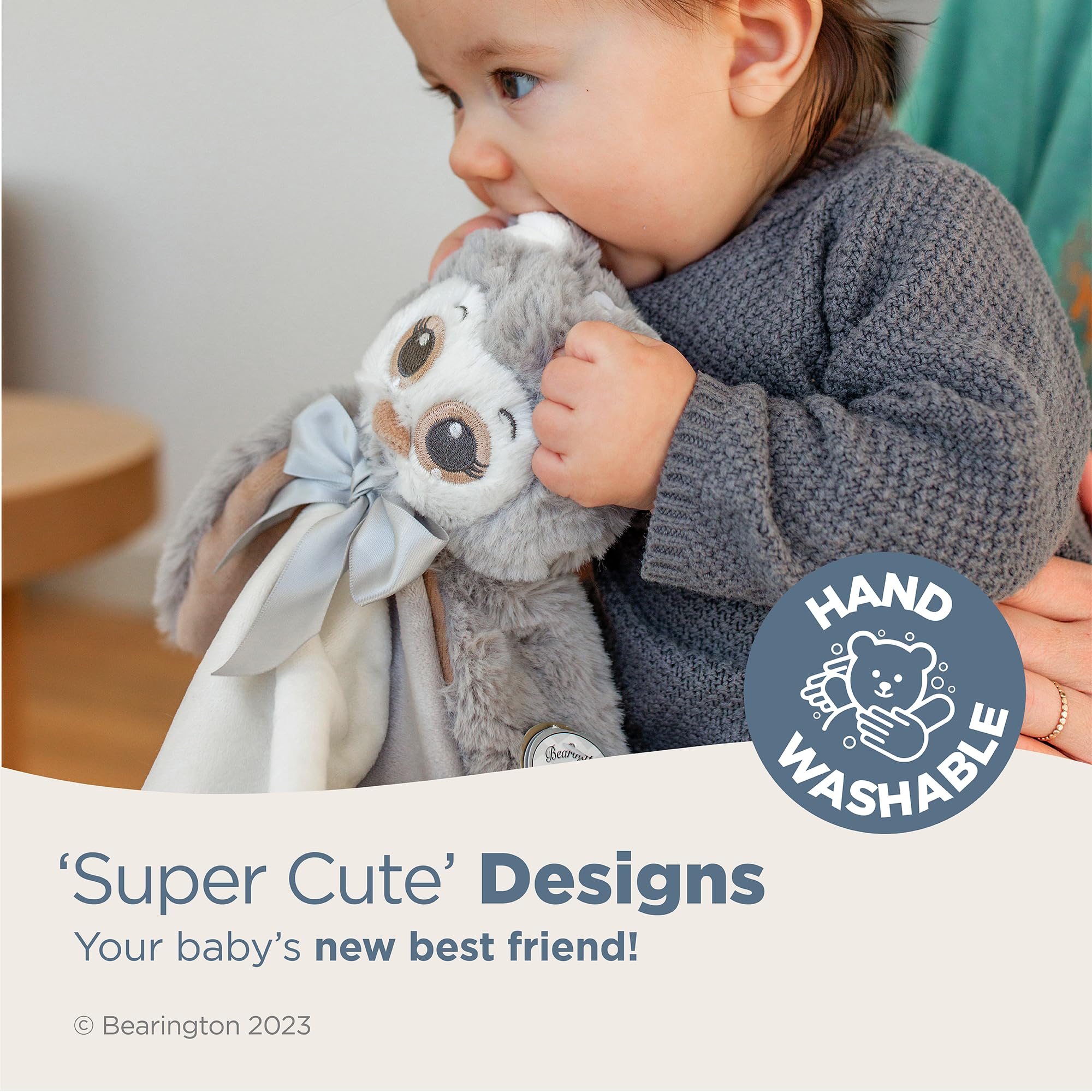 Bearington gray plush owl body offers a cuddly texture for naps and play.