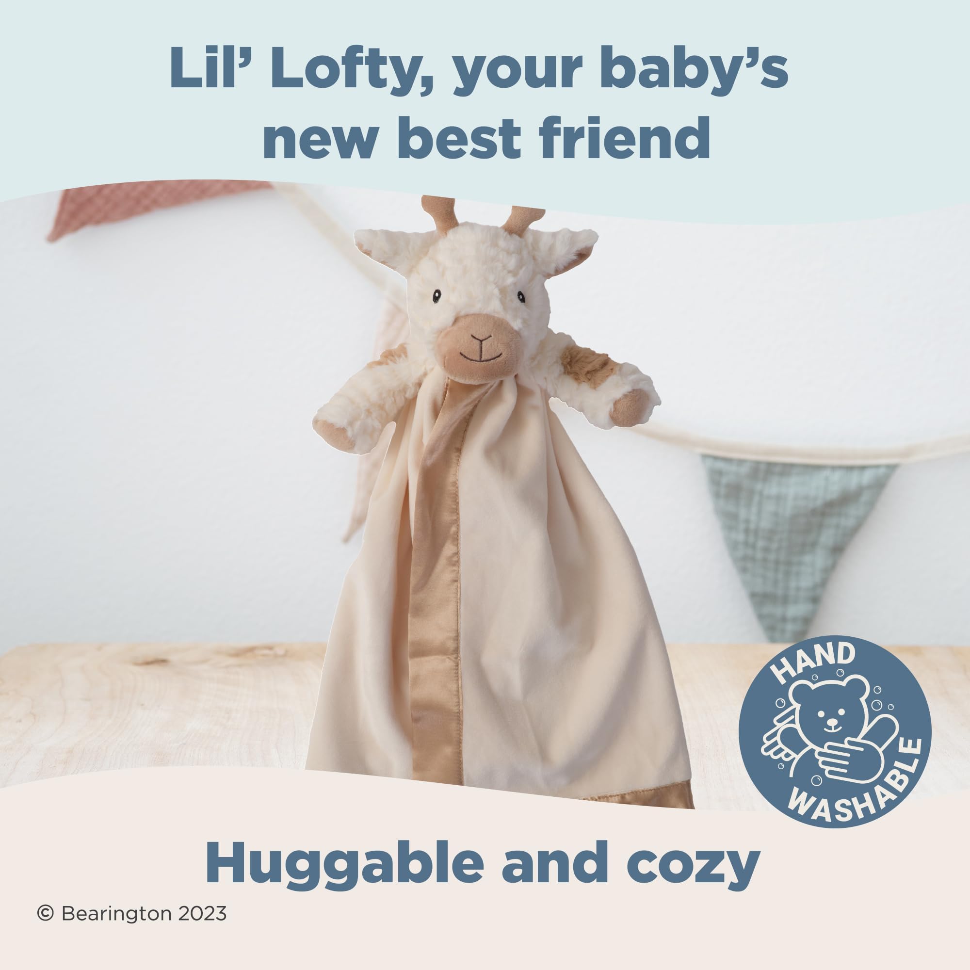 Bearington Lil' Lofty Giraffe Lovey baby cuddle scene shows comforting security blanket use