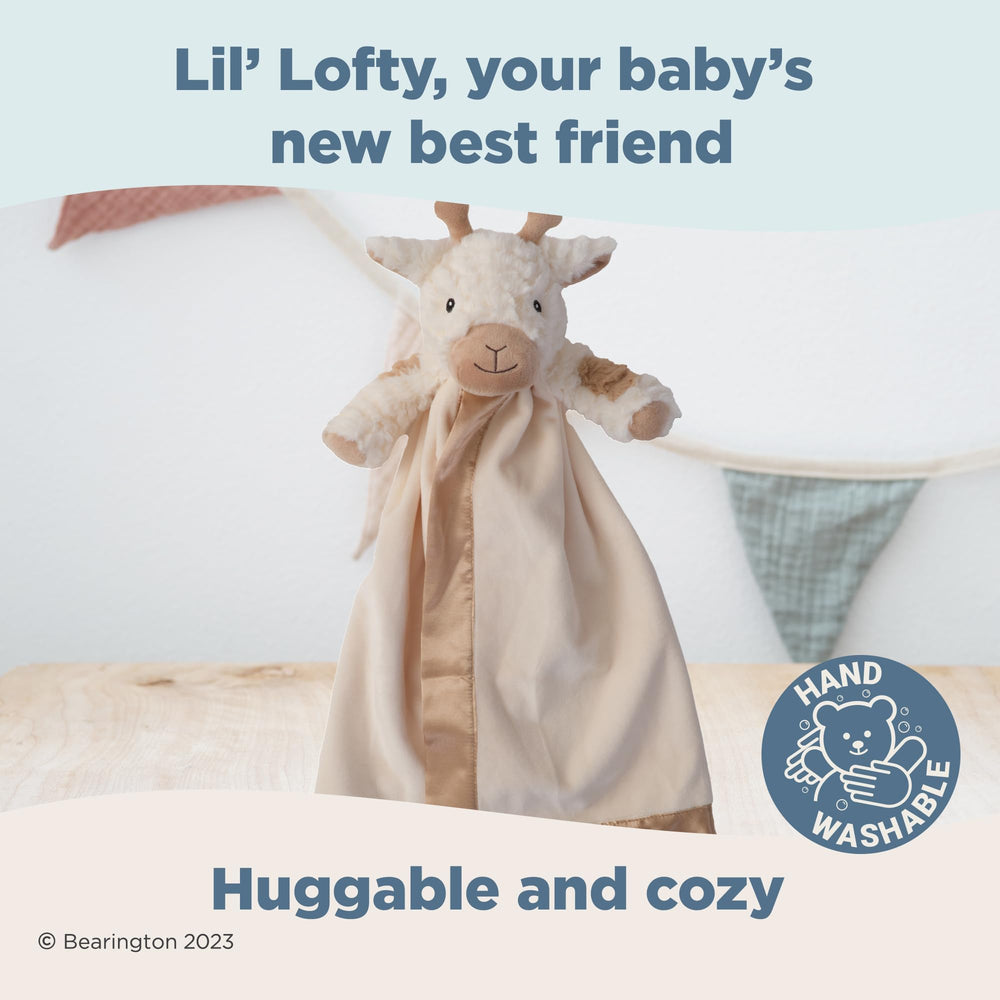 Bearington Lil' Lofty Giraffe Lovey baby cuddle scene shows comforting security blanket use