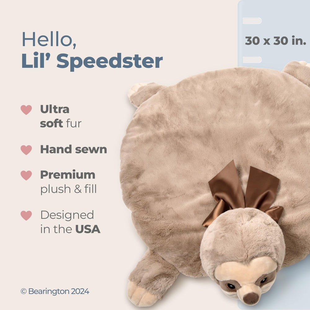 Bearington Lil’ Speedster Sloth Tummy Time Mat fabric closeup, soft velour for gentle play.
