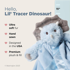 Bearington Lil’ Tracer Dinosaur Lovey arms, easy-to-hold comfort for tiny hands.