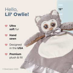 Bearington owl head with embroidered eyes provides a comforting focal point for baby.