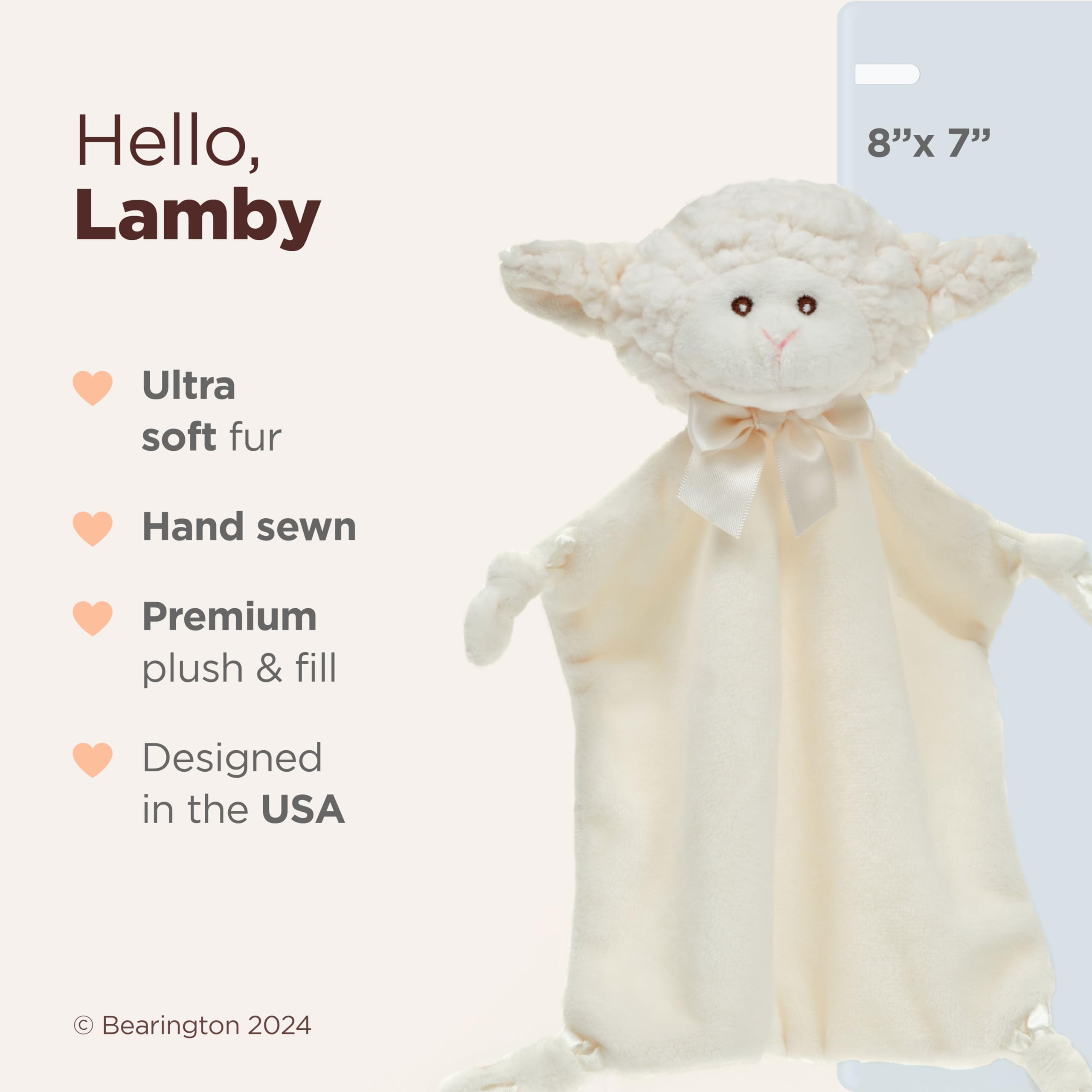 Embroidered safety eyes on Bearington Wee Lamby lovey ensure a gentle, safe look