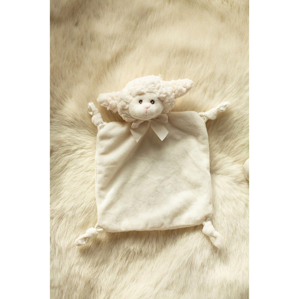 Close-up of satin bow on Bearington Wee Lamby lovey highlighting luxury texture