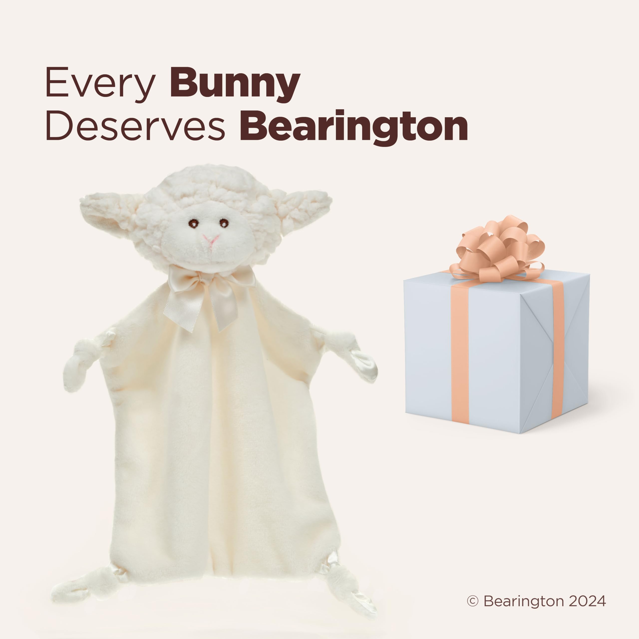 Velour legs and textured satin knots on Bearington Wee Lamby lovey for tactile exploration