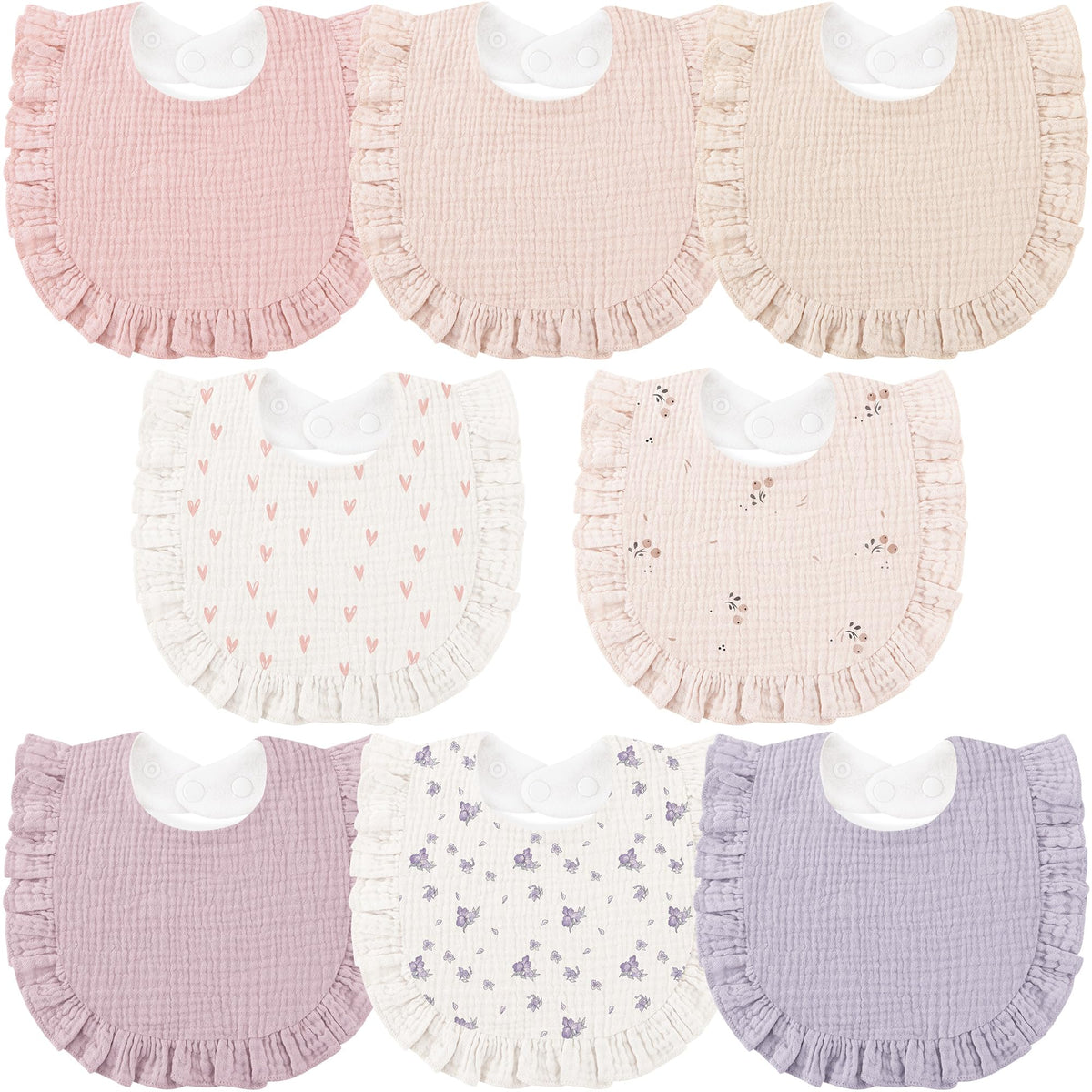 Bearmoss 8-pack muslin baby bibs front view keeps drool away from outfits.